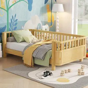 Twin Size Wood Platform Bed, Wooden Daybed with Removable Bed Rails, Low Profile Montessori Bed with Rails for Girls and Boys Bedroom, Living Room, No Box Spring Needed, Natural Twin Size Wood Platform Bed, Wooden Daybed with Removable Bed Rails, Low Profile Montessori Bed with Rails for Girls and Boys Bedroom, Living Room, No Box Spring Needed, Natural