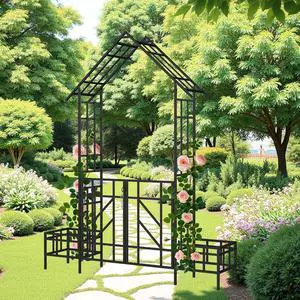 Metal Garden Arbor with Gate and Planter Box, Garden Trellis for Climbing Plants Outdoor, W6.7*H8.1 Wedding Trellis Arch for Lawn, Patio, Backyard, Party, Ceremony Decoration, Black Metal Garden Arbor with Gate and Planter Box, Garden Trellis for Climbing Plants Outdoor, W6.7*H8.1 Wedding Trellis Arch for Lawn, Patio, Backyard, Party, Ceremony Decoration, Black