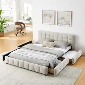 Queen Size Platform Bed Frame with 4 Drawers, Soft Chenille Upholstered Bed with Storage Underneath, Floor Double Bed with Headboard and Solid Wooden Slat Support, Bedroom Furniture,Beige Queen Size Platform Bed Frame with 4 Drawers, Soft Chenille Upholstered Bed with Storage Underneath, Floor Double Bed with Headboard and Solid Wooden Slat Support, Bedroom Furniture,Beige