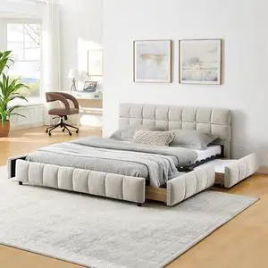 Queen Size Cloud Bed Frame with Storage Drawers, Chenille Upholstered Platform Bed with Headboard and Solid Frame,Grounded Double Bed with Solid Wooden Slats Support, No Box Spring Needed, Beige Queen Size Cloud Bed Frame with Storage Drawers, Chenille Upholstered Platform Bed with Headboard and Solid Frame,Grounded Double Bed with Solid Wooden Slats Support, No Box Spring Needed, Beige