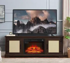 65" Farmhouse Fireplace TV Stand with 23" Electric Fireplace, Rattan Door Entertainment Center with Fireplace, TV Cabinet with Adjustable Shelf, TV Console Table for TVs up to 70", Cherry 65" Farmhouse Fireplace TV Stand with 23" Electric Fireplace, Rattan Door Entertainment Center with Fireplace, TV Cabinet with Adjustable Shelf, TV Console Table for TVs up to 70", Cherry