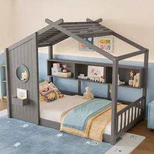 Twin Size House Bed with Storage Shelf, Wood Floor Montessori Single Bed Frame, Roof Design Playhouse Bed for Boys Girls, Easy Assembly, Gray Twin Size House Bed with Storage Shelf, Wood Floor Montessori Single Bed Frame, Roof Design Playhouse Bed for Boys Girls, Easy Assembly, Gray