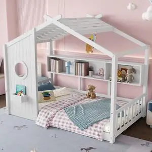 Twin Size House Bed with Storage Shelf, Wood Floor Montessori Single Bed Frame, Roof Design Playhouse Bed for Boys Girls, Easy Assembly, White Twin Size House Bed with Storage Shelf, Wood Floor Montessori Single Bed Frame, Roof Design Playhouse Bed for Boys Girls, Easy Assembly, White