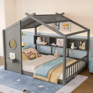 Full Size House Bed with Storage Shelf, Wood Floor Montessori Bed Frame, Roof Design Playhouse Bed for Boys Girls, Easy Assembly, Gray Full Size House Bed with Storage Shelf, Wood Floor Montessori Bed Frame, Roof Design Playhouse Bed for Boys Girls, Easy Assembly, Gray
