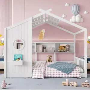 Full Size House Bed with Storage Shelf, Wood Floor Montessori Bed Frame, Roof Design Playhouse Bed for Boys Girls, Easy Assembly, White Full Size House Bed with Storage Shelf, Wood Floor Montessori Bed Frame, Roof Design Playhouse Bed for Boys Girls, Easy Assembly, White