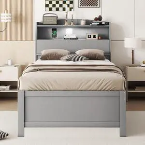 Twin Wooden Bed with Roll-Out Trundle, Wood Platform Bedframe with Hidden Storage Headboard, Nightlight and Charging Ports, Single Guest Bed with 3 Drawers, Easy Left Right Switchable Assembly, Gray Twin Wooden Bed with Roll-Out Trundle, Wood Platform Bedframe with Hidden Storage Headboard, Nightlight and Charging Ports, Single Guest Bed with 3 Drawers, Easy Left Right Switchable Assembly, Gray