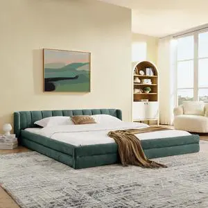 King Size Floor Bed with Low Headboard, Chenille Upholstered Bedframe with, Low Profile Luxury Cloud Bed with Solid Wooden Slats, No Box Spring Needed, Cushioned Bedroom Furniture, Green King Size Floor Bed with Low Headboard, Chenille Upholstered Bedframe with, Low Profile Luxury Cloud Bed with Solid Wooden Slats, No Box Spring Needed, Cushioned Bedroom Furniture, Green
