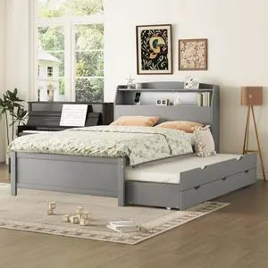 Full Wooden Bed with Roll-Out Trundle, Platform Bedframe with Hidden Storage Headboard, Nightlight and Charging Ports, Double Guest Bed with Drawers, Left Right Switchable Easy Assembly, Gray Full Wooden Bed with Roll-Out Trundle, Platform Bedframe with Hidden Storage Headboard, Nightlight and Charging Ports, Double Guest Bed with Drawers, Left Right Switchable Easy Assembly, Gray