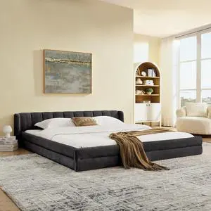 King Size Floor Bed with Low Headboard, Chenille Upholstered Bedframe with, Low Profile Luxury Cloud Bed with Solid Wooden Slats, No Box Spring Needed, Cushioned Bedroom Furniture, Dark Gray King Size Floor Bed with Low Headboard, Chenille Upholstered Bedframe with, Low Profile Luxury Cloud Bed with Solid Wooden Slats, No Box Spring Needed, Cushioned Bedroom Furniture, Dark Gray