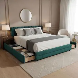 Queen Size Platform Bed with 4 Drawers, Chenille Upholstered Queen Bedframe with Storage, Comfy Double Bed with Wingback Headboard, Cushioned Bedroom Furniture, No Box Spring Needed, Blue+Green Queen Size Platform Bed with 4 Drawers, Chenille Upholstered Queen Bedframe with Storage, Comfy Double Bed with Wingback Headboard, Cushioned Bedroom Furniture, No Box Spring Needed, Blue+Green