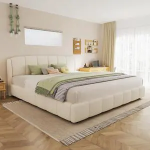 King Size Platform Soft Bed, Boucle Upholstered Double Bed with Curve-Shaped Design Headboard, Solid Wood Slat, Easy Assembly, Noise-Free, Cushioned Bedroom Furniture, Beige King Size Platform Soft Bed, Boucle Upholstered Double Bed with Curve-Shaped Design Headboard, Solid Wood Slat, Easy Assembly, Noise-Free, Cushioned Bedroom Furniture, Beige