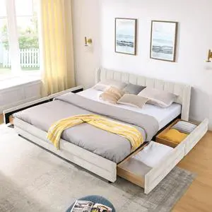 King Size Platform Bed with 4 Drawers, Chenille Upholstered King Bedframe with Storage, Comfy Double Bed with Wingback Headboard, Cushioned Bedroom Furniture, No Box Spring Needed, Beige King Size Platform Bed with 4 Drawers, Chenille Upholstered King Bedframe with Storage, Comfy Double Bed with Wingback Headboard, Cushioned Bedroom Furniture, No Box Spring Needed, Beige