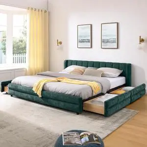 King Size Platform Bed with 4 Drawers, Chenille Upholstered King Bedframe with Storage, Comfy Double Bed with Wingback Headboard, Cushioned Bedroom Furniture, No Box Spring Needed, Blue+Green King Size Platform Bed with 4 Drawers, Chenille Upholstered King Bedframe with Storage, Comfy Double Bed with Wingback Headboard, Cushioned Bedroom Furniture, No Box Spring Needed, Blue+Green