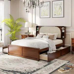 Wooden Queen Bed Frame with 2 Storage Drawers and Twin Trundle, Wood Platform Bed with Rattan Headboard and Storage Shelves, No Box Spring Needed, Noise Free, White Wooden Queen Bed Frame with 2 Storage Drawers and Twin Trundle, Wood Platform Bed with Rattan Headboard and Storage Shelves, No Box Spring Needed, Noise Free, White
