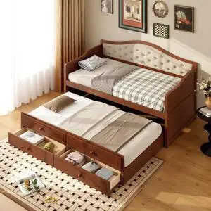 Twin Wood Daybed with Trundle, Captains Bed with 2 Storage Drawers,Twin Bed with Storage Underneath, Sofa Bed with Button Tufted Backrest for Living Room, Bedroom, Guest Room, Walnut Twin Wood Daybed with Trundle, Captains Bed with 2 Storage Drawers,Twin Bed with Storage Underneath, Sofa Bed with Button Tufted Backrest for Living Room, Bedroom, Guest Room, Walnut
