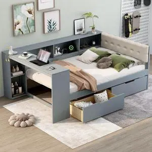 Full Size Wood Daybed with Desk, Day Bed with Storage Drawers, L Shaped Platform Bookcase Bed Frame with Charging Station and Upholstered Headboard, for Adults and Kids Bedroom, Gray Full Size Wood Daybed with Desk, Day Bed with Storage Drawers, L Shaped Platform Bookcase Bed Frame with Charging Station and Upholstered Headboard, for Adults and Kids Bedroom, Gray