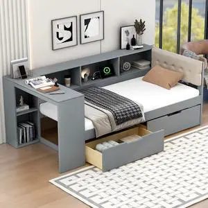 Twin Size Wood Daybed with Desk, Day Bed with Storage Drawers, L Shaped Platform Bookcase Bed Frame with Charging Station and Upholstered Headboard, for Adults and Kids Bedroom, Gray Twin Size Wood Daybed with Desk, Day Bed with Storage Drawers, L Shaped Platform Bookcase Bed Frame with Charging Station and Upholstered Headboard, for Adults and Kids Bedroom, Gray
