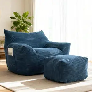 Giant Bean Bag Chair for Adults, Oversized Comfy Lazy Sofa with Footrest, Lounge Chaise with Ottoman, Comfy Boneless Reading Chair with Armrest and Backrest for Living Room, Bedroom & Dorm, Blue Giant Bean Bag Chair for Adults, Oversized Comfy Lazy Sofa with Footrest, Lounge Chaise with Ottoman, Comfy Boneless Reading Chair with Armrest and Backrest for Living Room, Bedroom & Dorm, Blue