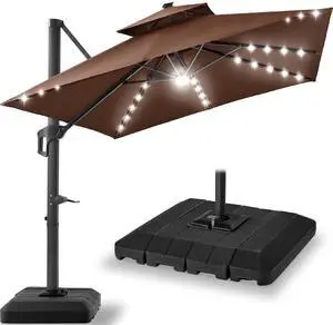 12x12ft LED Cantilever Patio Umbrella w/Base Included & 360° Rotation, Large Solar Offset Hanging Outdoor Sun Shade for Deck, Backyard Table w/Stand & Lights Brown 12x12ft LED Cantilever Patio Umbrella w/Base Included & 360° Rotation, Large Solar Offset Hanging Outdoor Sun Shade for Deck, Backyard Table w/Stand & Lights Brown