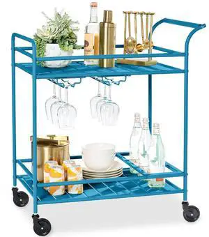 Rolling Bar Cart, Mobile Home Bar Serving Cart, Serving Station w/ 2 Tier Shelves, Wine Rack, Lockable Wheels - Peacock Rolling Bar Cart, Mobile Home Bar Serving Cart, Serving Station w/ 2 Tier Shelves, Wine Rack, Lockable Wheels - Peacock