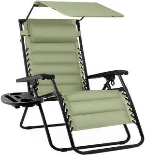 Oversized Padded Zero Gravity Chair w/Canopy Headrest Cup Holder Side Tray, Folding Outdoor Patio Recliner Lounger - Sage Green Oversized Padded Zero Gravity Chair w/Canopy Headrest Cup Holder Side Tray, Folding Outdoor Patio Recliner Lounger - Sage Green