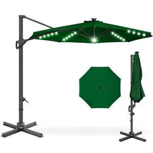 10ft Solar LED Cantilever Patio Umbrella, 360-Degree Rotation Hanging Offset Market Outdoor Sun Shade for Backyard, Deck, Poolside w/Lights, Easy Tilt, Cross Base - Green 10ft Solar LED Cantilever Patio Umbrella, 360-Degree Rotation Hanging Offset Market Outdoor Sun Shade for Backyard, Deck, Poolside w/Lights, Easy Tilt, Cross Base - Green