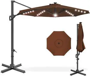 10ft Solar LED Cantilever Patio Umbrella, 360-Degree Rotation Hanging Offset Market Outdoor Sun Shade for Backyard, Deck, Poolside w/Lights, Easy Tilt, Cross Base - Brown 10ft Solar LED Cantilever Patio Umbrella, 360-Degree Rotation Hanging Offset Market Outdoor Sun Shade for Backyard, Deck, Poolside w/Lights, Easy Tilt, Cross Base - Brown