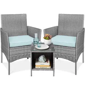 3-Piece Outdoor Wicker Conversation Bistro Set, Space Saving Patio Furniture for Garden w/Side Table - Gray/Pastel Blue 3-Piece Outdoor Wicker Conversation Bistro Set, Space Saving Patio Furniture for Garden w/Side Table - Gray/Pastel Blue