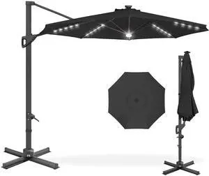 10ft Solar LED Cantilever Patio Umbrella, 360-Degree Rotation Hanging Offset Market Outdoor Sun Shade for Backyard, Deck, Poolside w/Lights, Easy Tilt, Cross Base - Black 10ft Solar LED Cantilever Patio Umbrella, 360-Degree Rotation Hanging Offset Market Outdoor Sun Shade for Backyard, Deck, Poolside w/Lights, Easy Tilt, Cross Base - Black