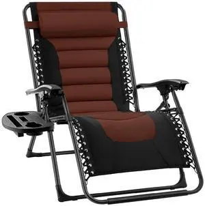 Oversized Padded Zero Gravity Chair, Folding Outdoor Patio Recliner, XL Anti Gravity Lounger for Backyard w/Headrest, Cup Holder, Side Tray, Polyester Mesh - Brown Oversized Padded Zero Gravity Chair, Folding Outdoor Patio Recliner, XL Anti Gravity Lounger for Backyard w/Headrest, Cup Holder, Side Tray, Polyester Mesh - Brown