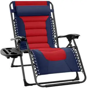 Oversized Padded Zero Gravity Chair, Folding Outdoor Patio Recliner, XL Anti Gravity Lounger for Backyard w/Headrest, Cup Holder, Side Tray, Polyester Mesh - Navy/Red Oversized Padded Zero Gravity Chair, Folding Outdoor Patio Recliner, XL Anti Gravity Lounger for Backyard w/Headrest, Cup Holder, Side Tray, Polyester Mesh - Navy/Red