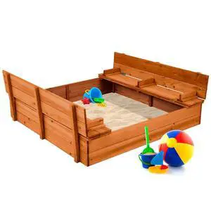 Best Choice Products Large Outdoor Wooden Sand Box for Kids, Sandbox with Cover, Bench Seats Support up to 220 lbs, Bottom Liner for Drainage, Cedar Wood - Brown Best Choice Products Large Outdoor Wooden Sand Box for Kids, Sandbox with Cover, Bench Seats Support up to 220 lbs, Bottom Liner for Drainage, Cedar Wood - Brown