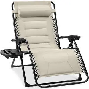 Oversized Padded Zero Gravity Chair, Folding Outdoor Patio Recliner, XL Anti Gravity Lounger for Backyard w/Headrest, Cup Holder, Side Tray, Polyester Mesh - Ivory Oversized Padded Zero Gravity Chair, Folding Outdoor Patio Recliner, XL Anti Gravity Lounger for Backyard w/Headrest, Cup Holder, Side Tray, Polyester Mesh - Ivory