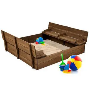 Best Choice Products Large Outdoor Wooden Sand Box for Kids, Sandbox with Cover, Bench Seats Support up to 220 lbs, Bottom Liner for Drainage, Cedar Wood - Walnut Best Choice Products Large Outdoor Wooden Sand Box for Kids, Sandbox with Cover, Bench Seats Support up to 220 lbs, Bottom Liner for Drainage, Cedar Wood - Walnut