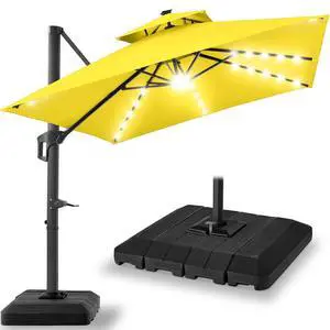 10x10ft Cantilever Patio Umbrella w/Base Included, Solar LED Lights 360 Rotation Large Offset Hanging Outdoor Shade for Deck Pool Backyard w/Stand Yellow 10x10ft Cantilever Patio Umbrella w/Base Included, Solar LED Lights 360 Rotation Large Offset Hanging Outdoor Shade for Deck Pool Backyard w/Stand Yellow