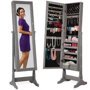 Freestanding Jewelry Armoire Cabinet, Full Length Standing Mirror, Lockable Makeup Storage Organizer, w/Velvet Lining, 3 Angles, Lock, Accessory Pouch, 5 Shelves - Gray Oak Freestanding Jewelry Armoire Cabinet, Full Length Standing Mirror, Lockable Makeup Storage Organizer, w/Velvet Lining, 3 Angles, Lock, Accessory Pouch, 5 Shelves - Gray Oak