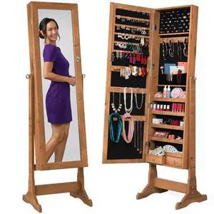 Freestanding Jewelry Armoire Cabinet, Full Length Standing Mirror, Lockable Makeup Storage Organizer, w/Velvet Lining, 3 Angles, Lock, Accessory Pouch, 5 Shelves - Rustic Brown Freestanding Jewelry Armoire Cabinet, Full Length Standing Mirror, Lockable Makeup Storage Organizer, w/Velvet Lining, 3 Angles, Lock, Accessory Pouch, 5 Shelves - Rustic Brown