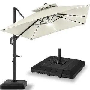 12x12ft LED Cantilever Patio Umbrella w/Base Included & 360° Rotation, Large Solar Offset Hanging Outdoor Sun Shade for Deck, Backyard Table w/Stand & Lights Ivory 12x12ft LED Cantilever Patio Umbrella w/Base Included & 360° Rotation, Large Solar Offset Hanging Outdoor Sun Shade for Deck, Backyard Table w/Stand & Lights Ivory