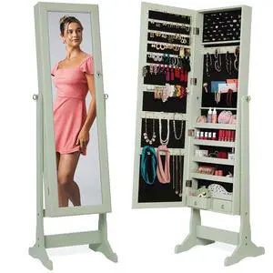 Freestanding Jewelry Armoire Cabinet, Full Length Standing Mirror, Lockable Makeup Storage Organizer, w/Velvet Lining, 3 Angles, Lock, Accessory Pouch, 5 Shelves - Sage Freestanding Jewelry Armoire Cabinet, Full Length Standing Mirror, Lockable Makeup Storage Organizer, w/Velvet Lining, 3 Angles, Lock, Accessory Pouch, 5 Shelves - Sage