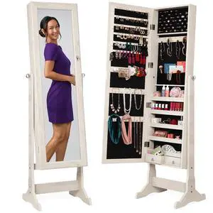 Freestanding Jewelry Armoire Cabinet, Full Length Standing Mirror, Lockable Makeup Storage Organizer, w/Velvet Lining, 3 Angles, Lock, Accessory Pouch, 5 Shelves - Coastal White Freestanding Jewelry Armoire Cabinet, Full Length Standing Mirror, Lockable Makeup Storage Organizer, w/Velvet Lining, 3 Angles, Lock, Accessory Pouch, 5 Shelves - Coastal White