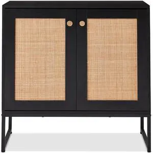 2-Door Rattan Storage Cabinet, Accent Furniture, Multifunctional Cupboard for Living Room, Hallway, Kitchen, Sideboard, Buffet Table w/Non-Scratch Foot Pads - Black 2-Door Rattan Storage Cabinet, Accent Furniture, Multifunctional Cupboard for Living Room, Hallway, Kitchen, Sideboard, Buffet Table w/Non-Scratch Foot Pads - Black