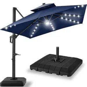 9x12ft LED Cantilever Patio Umbrella w/Base Included & 360° Rotation, Large Solar Offset Hanging Outdoor Sun Shade for Deck, Backyard Table w/Stand & Lights Navy Blue 9x12ft LED Cantilever Patio Umbrella w/Base Included & 360° Rotation, Large Solar Offset Hanging Outdoor Sun Shade for Deck, Backyard Table w/Stand & Lights Navy Blue