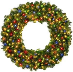 60in Large Artificial Pre-Lit Fir Christmas Wreath Holiday Accent Decoration w/ 375 Multicolor Lights, 930 PVC Tips 60in Large Artificial Pre-Lit Fir Christmas Wreath Holiday Accent Decoration w/ 375 Multicolor Lights, 930 PVC Tips