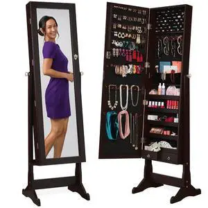 Freestanding Jewelry Armoire Cabinet, Full Length Standing Mirror, Lockable Makeup Storage Organizer, w/Velvet Lining, 3 Angles, Lock, Accessory Pouch, 5 Shelves - Espresso Freestanding Jewelry Armoire Cabinet, Full Length Standing Mirror, Lockable Makeup Storage Organizer, w/Velvet Lining, 3 Angles, Lock, Accessory Pouch, 5 Shelves - Espresso