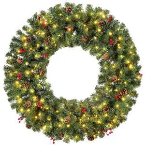 48in Pre-Lit Christmas Wreath w/Berries & Pinecones, Large Artificial Indoor/Outdoor Decor for Door, Mantel, Plug-in 48in Pre-Lit Christmas Wreath w/Berries & Pinecones, Large Artificial Indoor/Outdoor Decor for Door, Mantel, Plug-in
