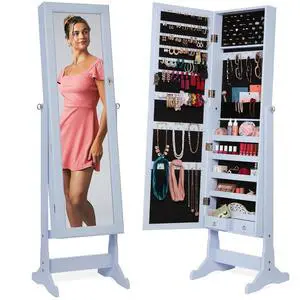 Freestanding Jewelry Armoire Cabinet, Full Length Standing Mirror, Lockable Makeup Storage Organizer, w/Velvet Lining, 3 Angles, Lock, Accessory Pouch, 5 Shelves - Powder Blue Freestanding Jewelry Armoire Cabinet, Full Length Standing Mirror, Lockable Makeup Storage Organizer, w/Velvet Lining, 3 Angles, Lock, Accessory Pouch, 5 Shelves - Powder Blue