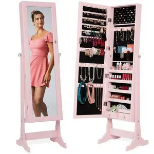 Freestanding Jewelry Armoire Cabinet, Full Length Standing Mirror, Lockable Makeup Storage Organizer, w/Velvet Lining, 3 Angles, Lock, Accessory Pouch, 5 Shelves - Dusty Pink Freestanding Jewelry Armoire Cabinet, Full Length Standing Mirror, Lockable Makeup Storage Organizer, w/Velvet Lining, 3 Angles, Lock, Accessory Pouch, 5 Shelves - Dusty Pink