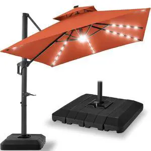 9x12ft LED Cantilever Patio Umbrella w/Base Included & 360° Rotation, Large Solar Offset Hanging Outdoor Sun Shade for Deck, Backyard Table w/Stand & Lights Rust 9x12ft LED Cantilever Patio Umbrella w/Base Included & 360° Rotation, Large Solar Offset Hanging Outdoor Sun Shade for Deck, Backyard Table w/Stand & Lights Rust
