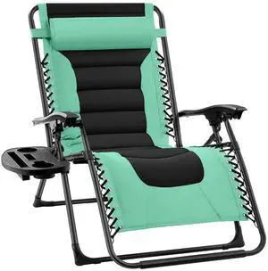 Oversized Padded Zero Gravity Chair, Folding Outdoor Patio Recliner, XL Anti Gravity Lounger for Backyard w/Headrest, Cup Holder, Side Tray, Polyester Mesh - Green/Black Oversized Padded Zero Gravity Chair, Folding Outdoor Patio Recliner, XL Anti Gravity Lounger for Backyard w/Headrest, Cup Holder, Side Tray, Polyester Mesh - Green/Black