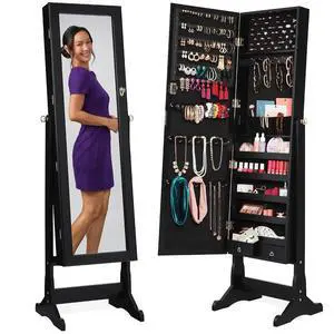Freestanding Jewelry Armoire Cabinet, Full Length Standing Mirror, Lockable Makeup Storage Organizer, w/Velvet Lining, 3 Angles, Lock, Accessory Pouch, 5 Shelves - Black Freestanding Jewelry Armoire Cabinet, Full Length Standing Mirror, Lockable Makeup Storage Organizer, w/Velvet Lining, 3 Angles, Lock, Accessory Pouch, 5 Shelves - Black